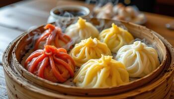 Close up of aromatic steam rising from colorful dim sum inside a traditional bamboo steamer photo