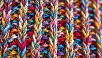 Multicolored woven knitted fabric texture, close up detail with vibrant yarn threads photo