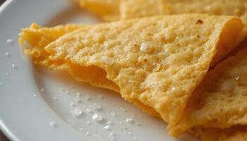 Crispy Snack on White Plate with Salt Close Up photo