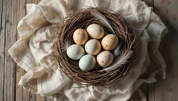 Eggs Nest Still Life with Feathers on Rustic Wood Background photo