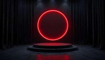 Empty Stage with Red Circle Light and Dark Curtains Backdrop photo