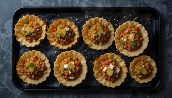 Preparing Savory Tartlets on Baking Sheet for Serving photo