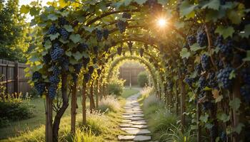 Walking path through grape vine archway with sun shining through leaves photo