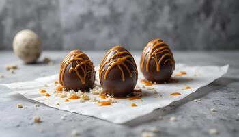 Chocolate Covered Eggs with Caramel Drizzle on Parchment Paper photo