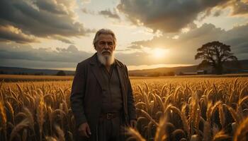 Man with Beard Standing in Golden Wheat Field at Sunset photo