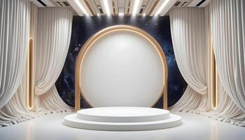 Elegant Stage Design with White Platform and Cosmic Backdrop photo
