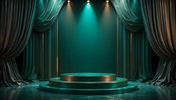 Elegant Green Stage Backdrop with Marble Platform and Gold Trim photo