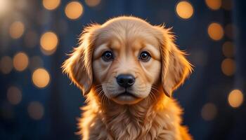Adorable Golden Retriever Puppy Portrait with Soft Bokeh Lights Background photo