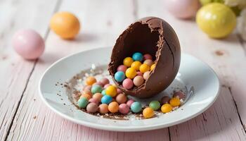 Chocolate Egg with Colorful Candies on a Plate photo