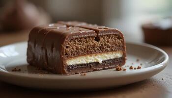 Slice of Chocolate Cake with Cream Layer on Plate photo