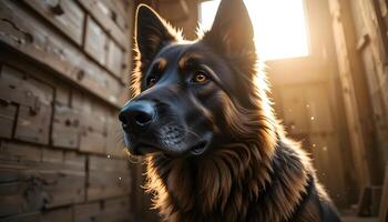 German Shepherd Portrait with Warm Lighting and Rustic Wood Background photo