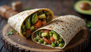 Vegetable Burrito with Avocado on a Wood Cutting Board photo