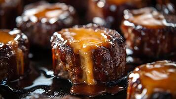 Delicious glazed meat and cheese appetizers in a macro shot photo