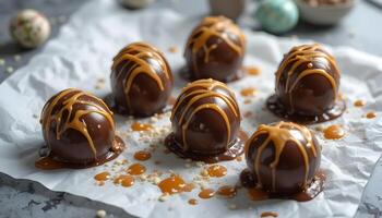 Chocolate Candy Balls with Caramel Drizzle on White Paper photo