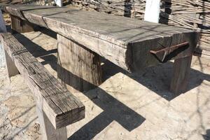 Beautiful Rustic Wooden Table and Benches Perfect for Outdoor Settings and Gatherings photo