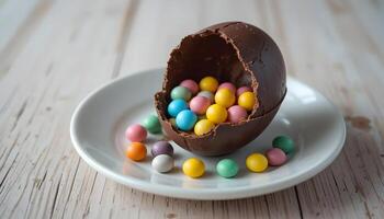 Chocolate Egg Filled with Colorful Candies on White Plate photo