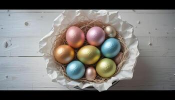 Colorful Eggs in a Nest on White Wooden Table Overhead View photo