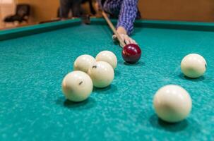A man is playing pool with balls on the table photo