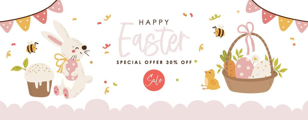 Easter cards printable, Bunny, colored eggs, Easter greetings cards, Sale, flyer, invitation, long banner