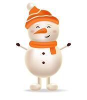 Happy snowman, merry christmas and happy new year, red background with snowflakes, realistic snowman character, winter banner, holiday vector