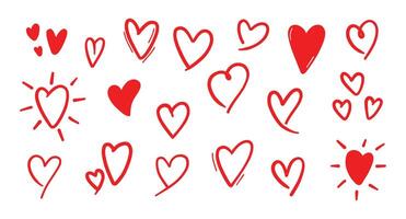 Hand drawn hearts set. Collection of different red hearts illustration, white background vector