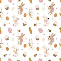 Easter seamless pattern, egg, bunny, cake, chicken, plants, eggs, spring vector