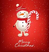 Happy snowman, merry christmas and happy new year, red background with snowflakes, realistic snowman character, winter banner, holiday background vector