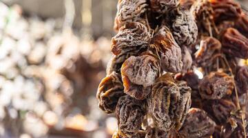 Dried dried fruit hanging from a rack photo