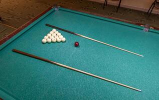 A pool table with two balls and a cue ball photo