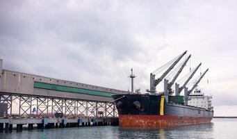 A large ship docked at a dock photo