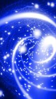 Blue digital vortex made of swirling lines and glowing points within a geometric mesh grid, conveying speed and futuristic data video