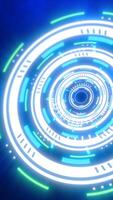 Abstract glowing digital interface with circular HUD elements in white, green, and blue against a deep blue background video