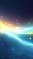Abstract glowing fluid waves in blue and yellow light merging across a dark cosmic background video