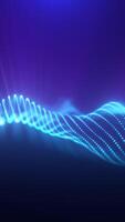 Abstract neon blue waveform moving in a dark violet space, resembling a digital sound or signal flow video