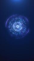 Glowing digital sphere surrounded by layers of sparkling particles in a deep blue space, evoking futuristic or cosmic energy video
