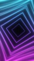 Abstract geometric neon tunnel of glowing squares in blue and purple tones creating a sense of infinite depth video