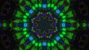 Colorful circular design with many colors and shapes in the center. Kaleidoscope VJ loop video