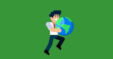 Businessman Running with Globe on Green Screen Background Representing Global Business and International Responsibility Concept video