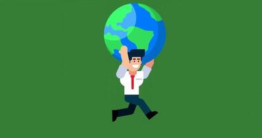 Businessman Running with Globe on Green Background for Easy Editing and Global Business Concept Visuals video