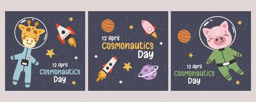 Cute animals set astronauts in space, set, with planets, stars and spaceships. Flat design blue, invitation vector