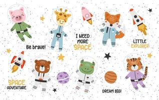 Cute animals astronauts in space, set, with planets, stars and spaceships. Flat design vector