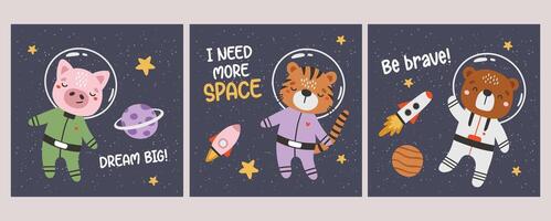 Cute animals astronauts in space, set, with planets, stars and spaceships. Flat design blue, i need space vector