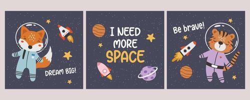 Cute animals astronauts in space, set, invitation set, with planets, stars and spaceships. Flat design blue, invitation vector