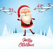 Happy Santa Claus, merry christmas and happy new year, red background with snowflakes, realistic santa character, winter banner, holiday background, winter vector