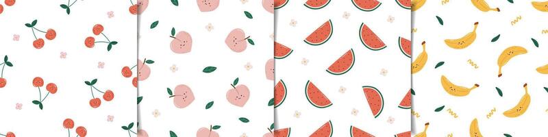 Fruits pattern, cute fruits with face, kids pattern, summer seamless pattern, set vector