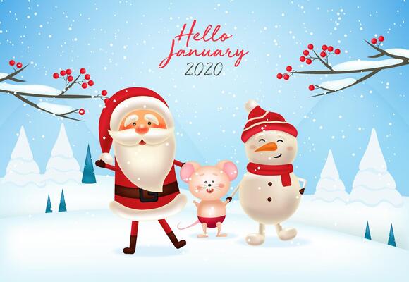 Happy Santa Claus,snowman and cute mouse, merry christmas and happy new year, red background with snowflakes, realistic santa character, winter banner, holiday background , winter