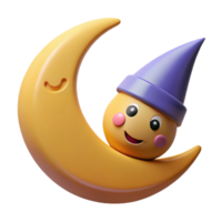 inspired retro Smiling crescent moon character with pointy hats. Minimal design, flat color, crisp edges with Scalable Design. detailed png