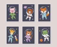 Cute animals astronauts in space, set, with planets, stars and spaceships. Flat design blue vector