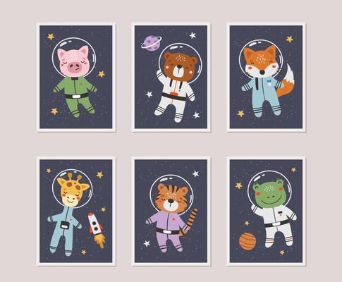 Cute animals astronauts in space, set, with planets, stars and spaceships. Flat design blue