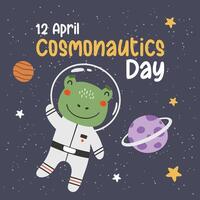 Cute animals astronauts in space, set, with planets, stars and spaceships. Flat design blue, cosmonautics day vector